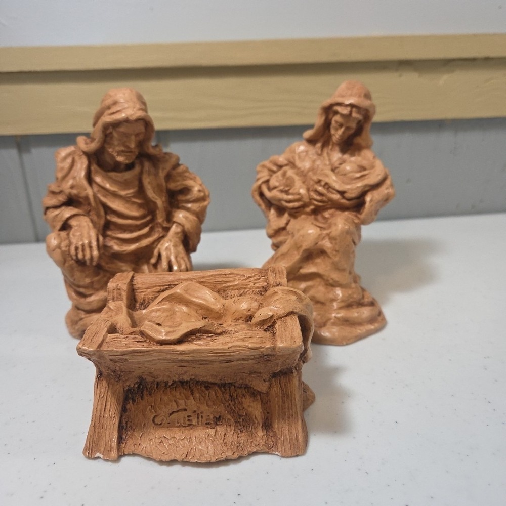3 Piece Resin Nativity Set Holy Family Christmas Artist Signed G. Tietien